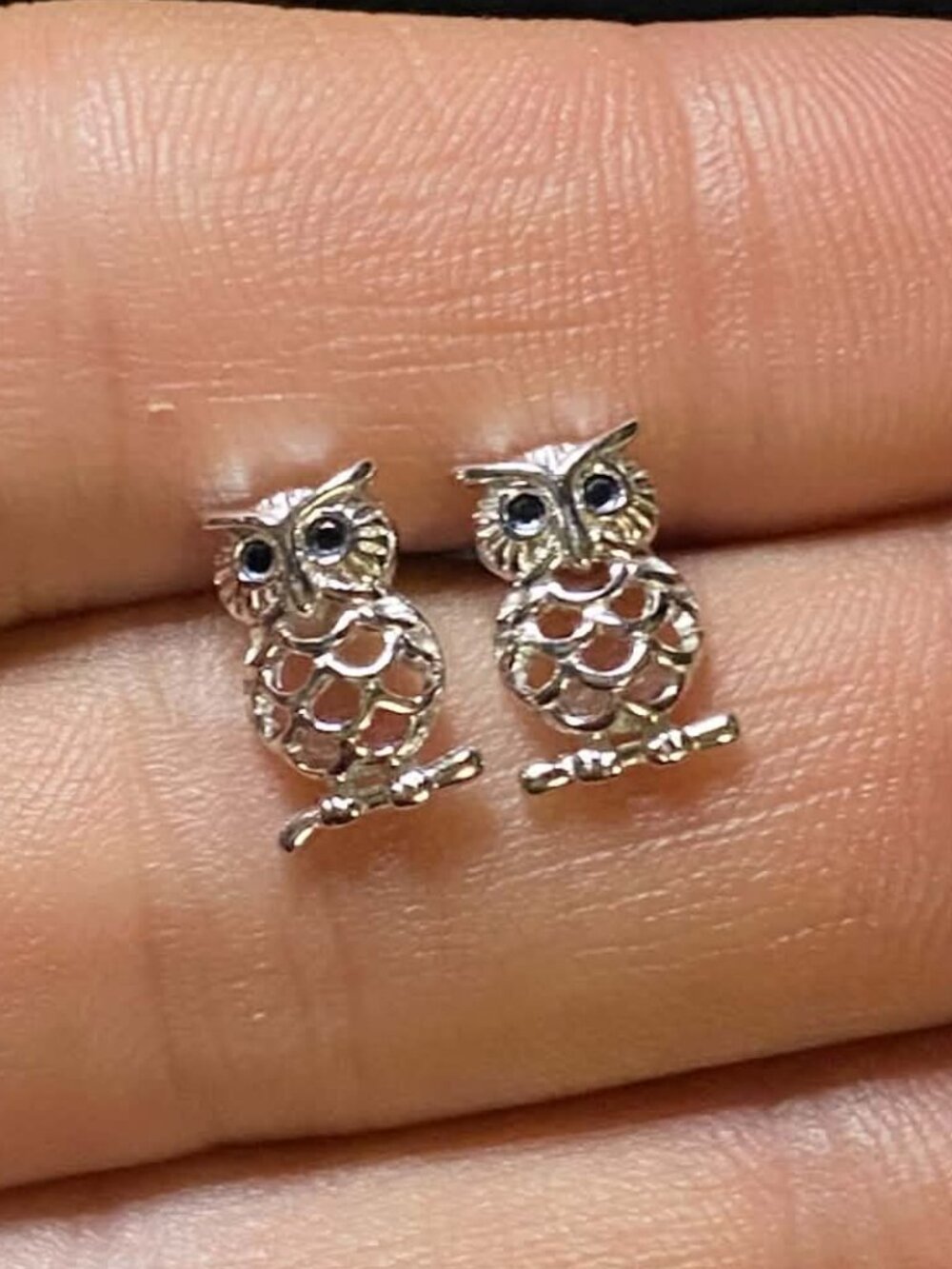 .925 Sterling Silver Natural Blue Sapphire Owl Earrings - Picture 2 of 4